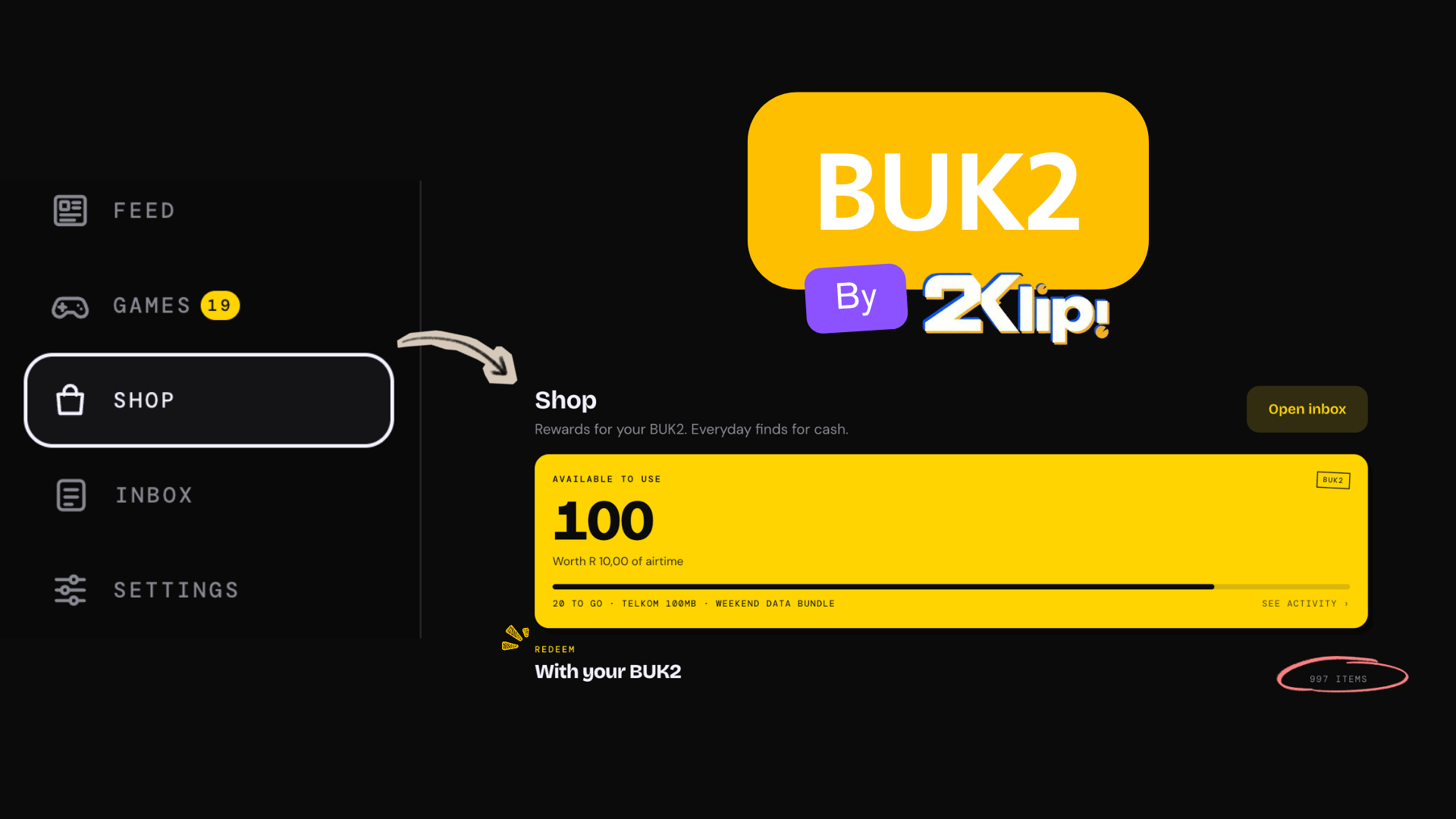 The 2Klip Shop screen showing a BUK2 balance of 100, worth R10 of airtime, with the BUK2 by 2Klip badge above it