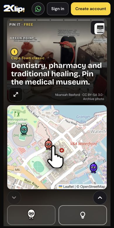 2Klip Pin It game: a Cape Town place clue above a map with three creature answers, captured 17 September 2026
