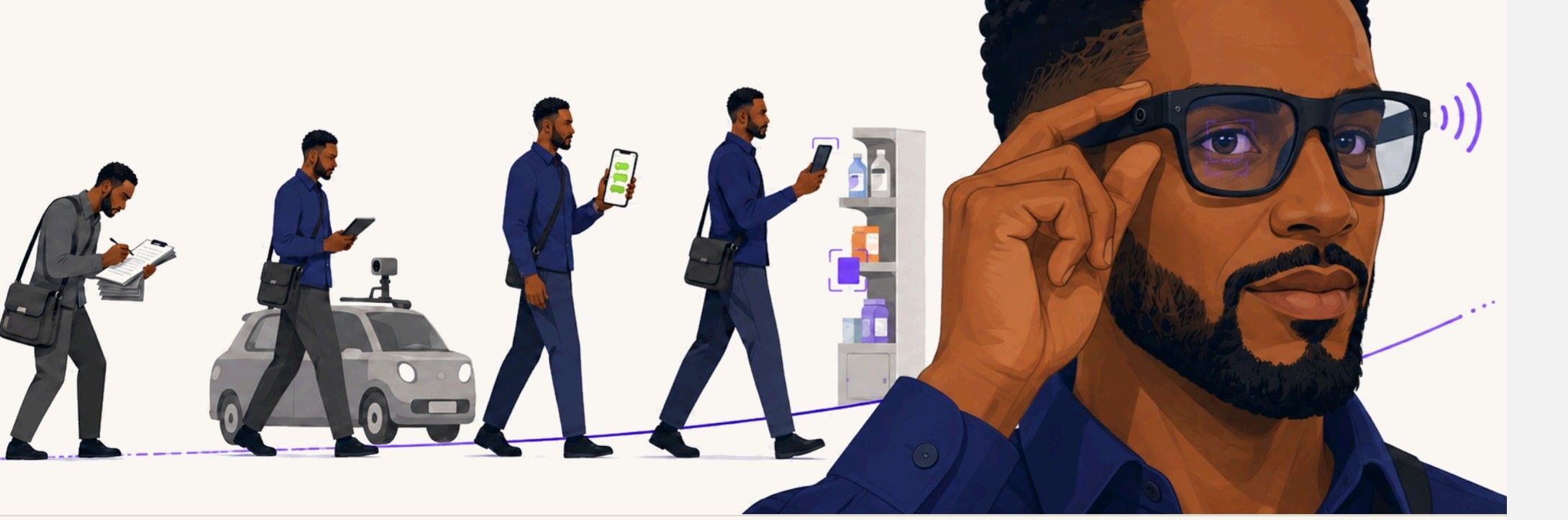 Illustration of five generations of field data collection: a surveyor with a clipboard, a camera car, a person with a smartphone, a person scanning a shelf, and a person wearing smart glasses