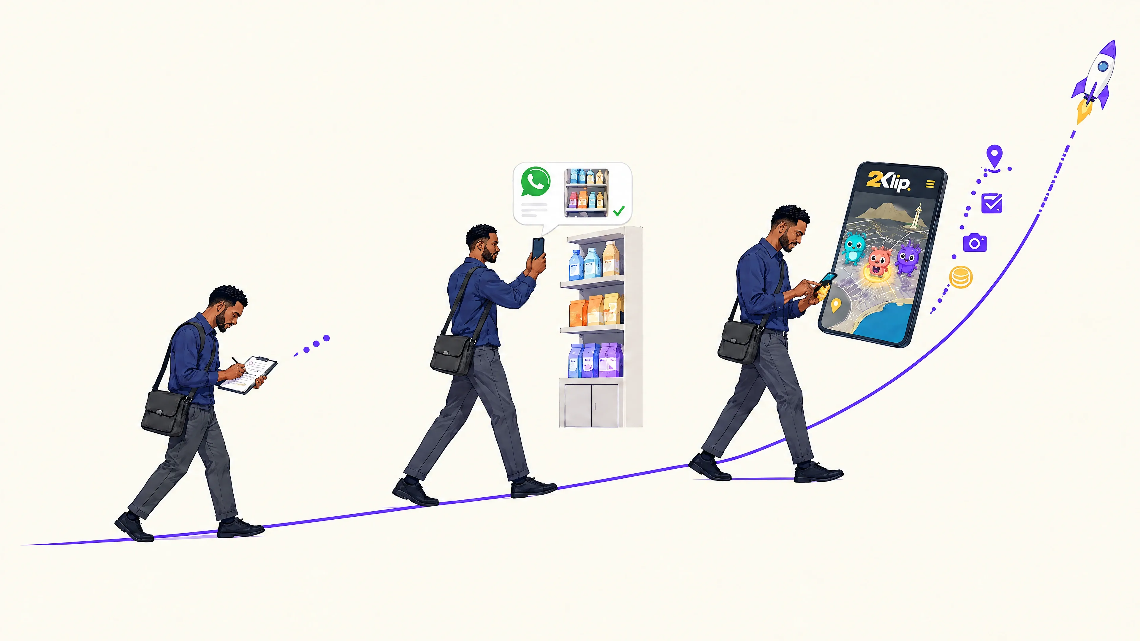Three collection stages: a surveyor, a man photographing a shelf through WhatsApp, and a man playing 2Klip. A conceptual rising path represents ambition, not measured growth.