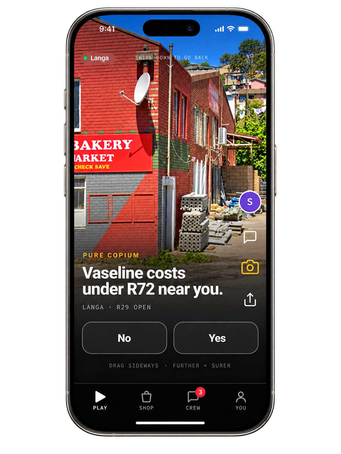 FOONA on a phone in Langa: a photo of a red-brick bakery and market, the prompt 'Vaseline costs under R72 near you', a reward of R29, and two answer buttons, No and Yes