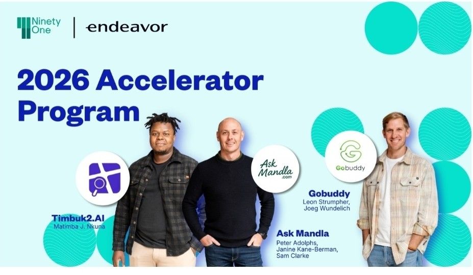 Ninety One and Endeavor South Africa 2026 Accelerator Program announcement featuring Matimba J. Nkuna of Timbuk2.AI alongside the founders of Ask Mandla and Gobuddy